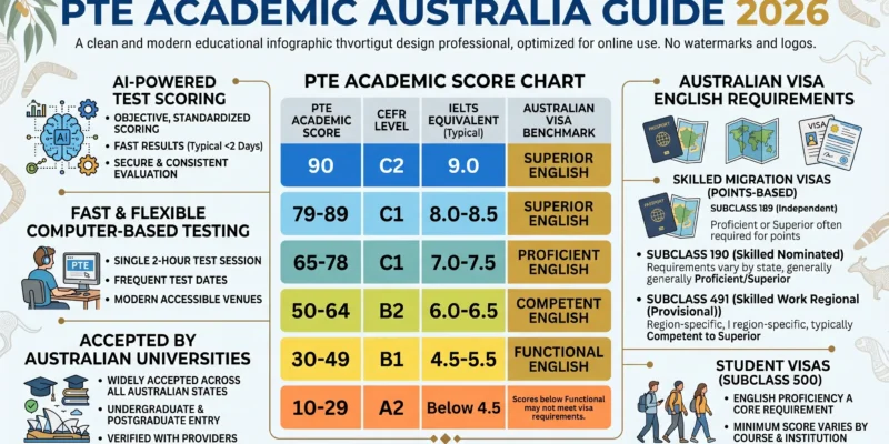 PTE Academic score chart showing CEFR levels, IELTS equivalents, Australian visa English requirements, and university admission score benchmarks for Australia in 2026.