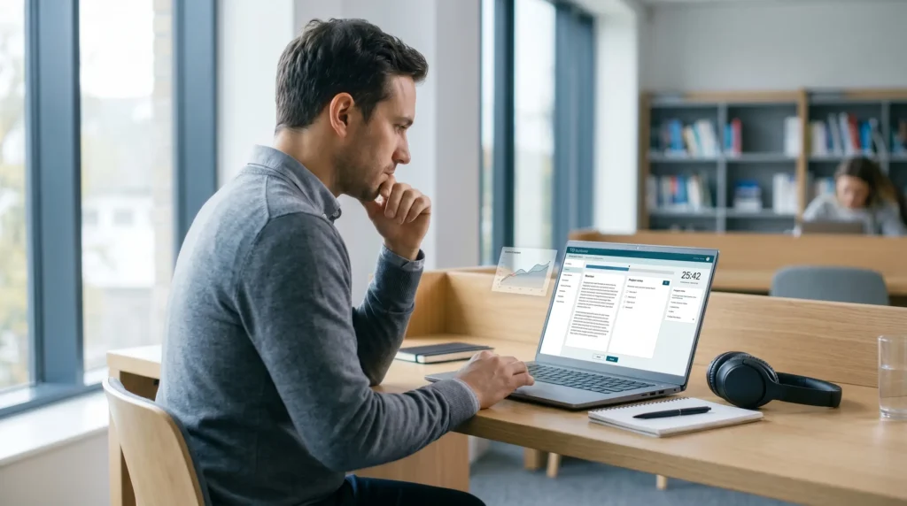 Australian university student preparing for a PTE Academic mock test on a laptop in a modern study environment.